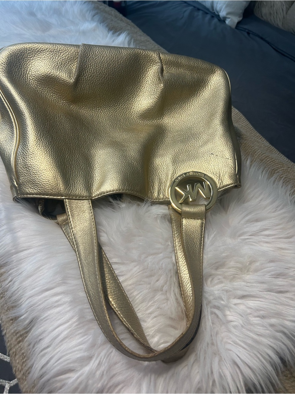 Michael Kors Metallic Gold Leather Tote with Signature MK Medallion